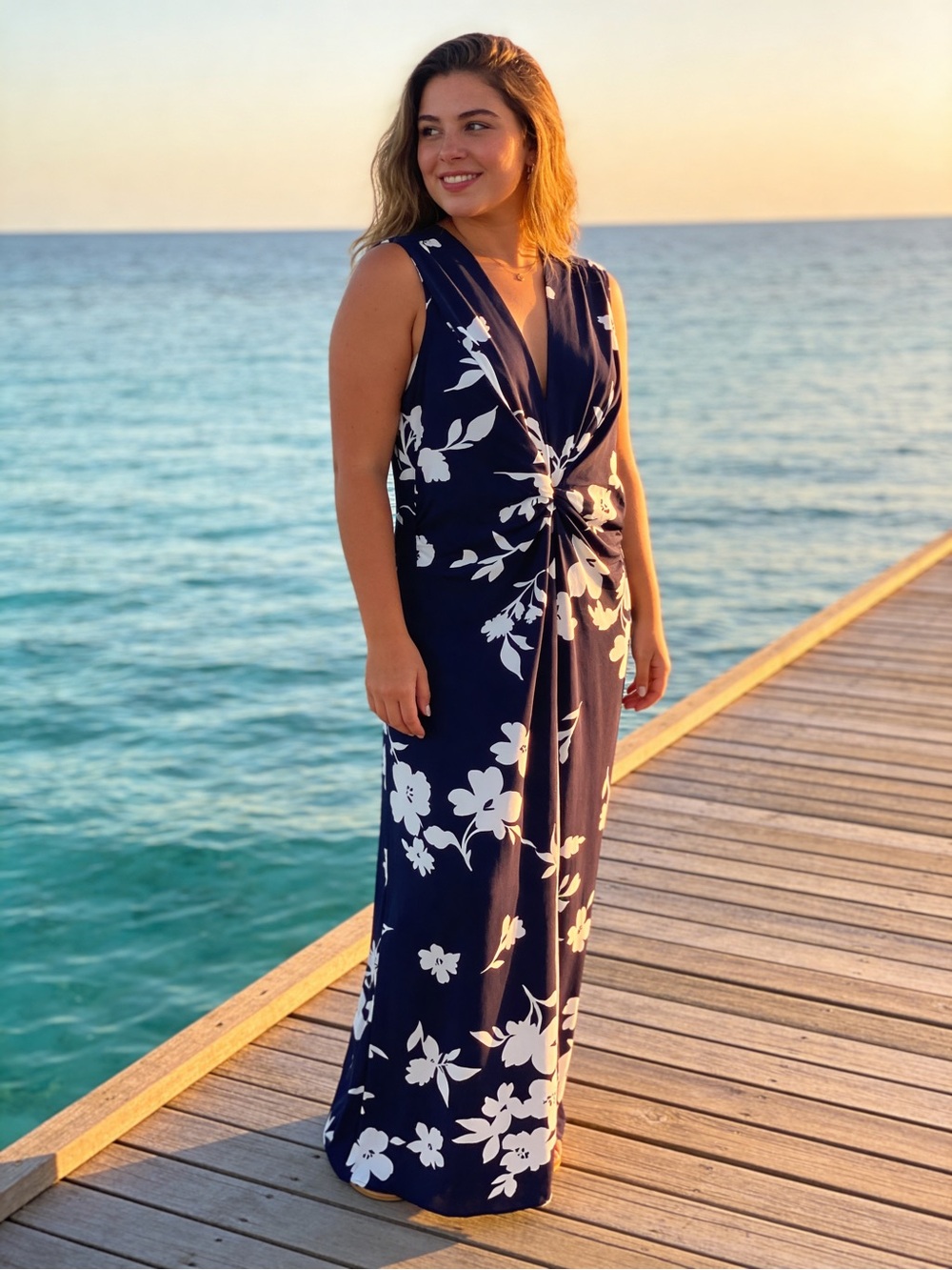 IMAN Navy Blue and White Floral Maxi Dress